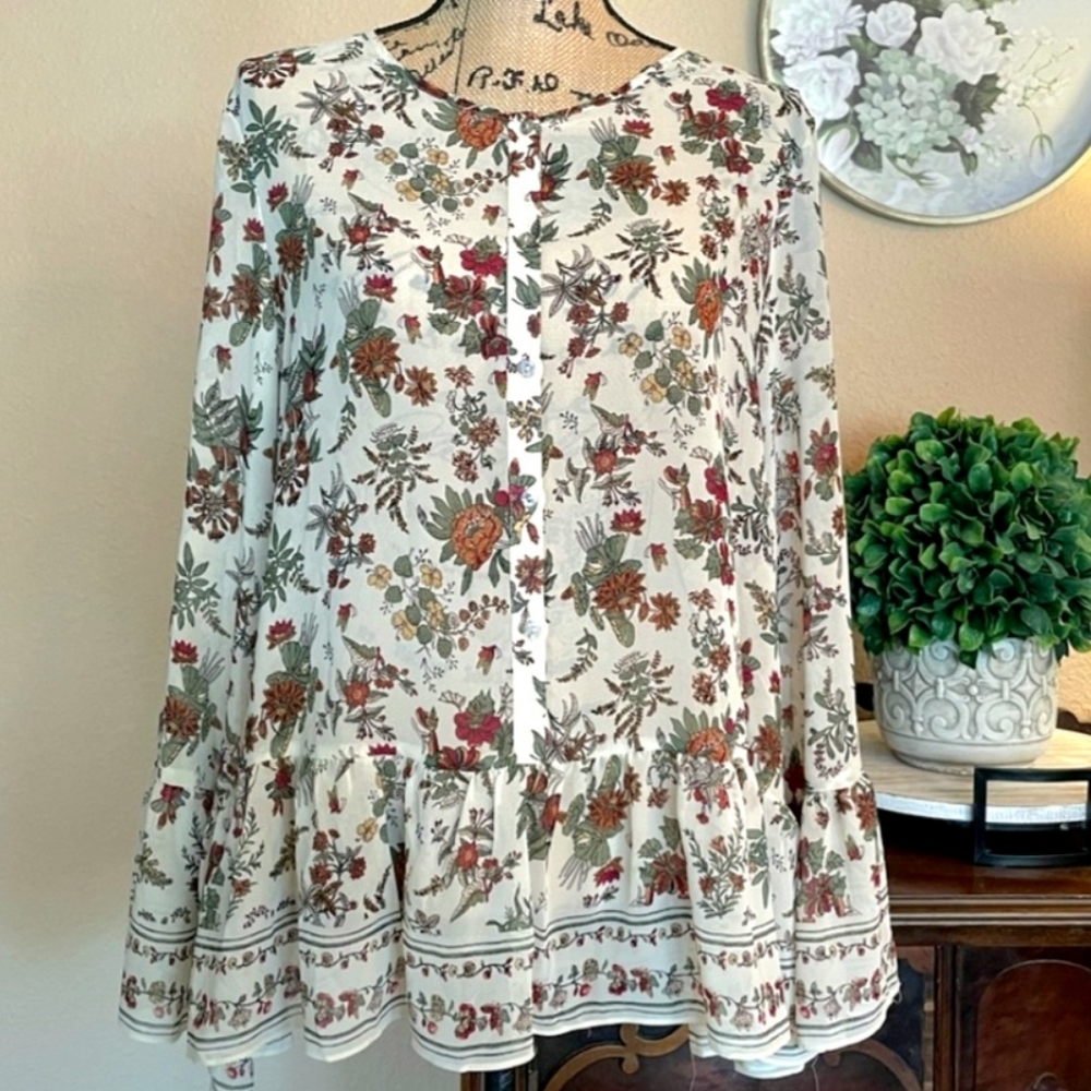 Max Studio Sheer Floral Tiered Ruffle Hem Blouse Sz Large